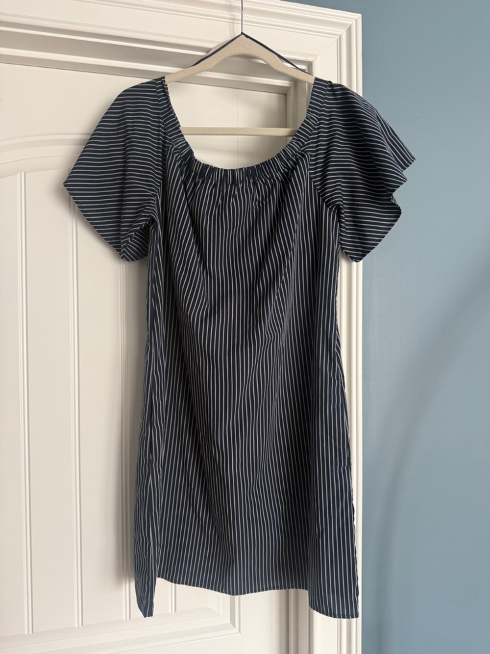 Banana Republic Navy and White Pinstripe Short Sleeve Mini Dress